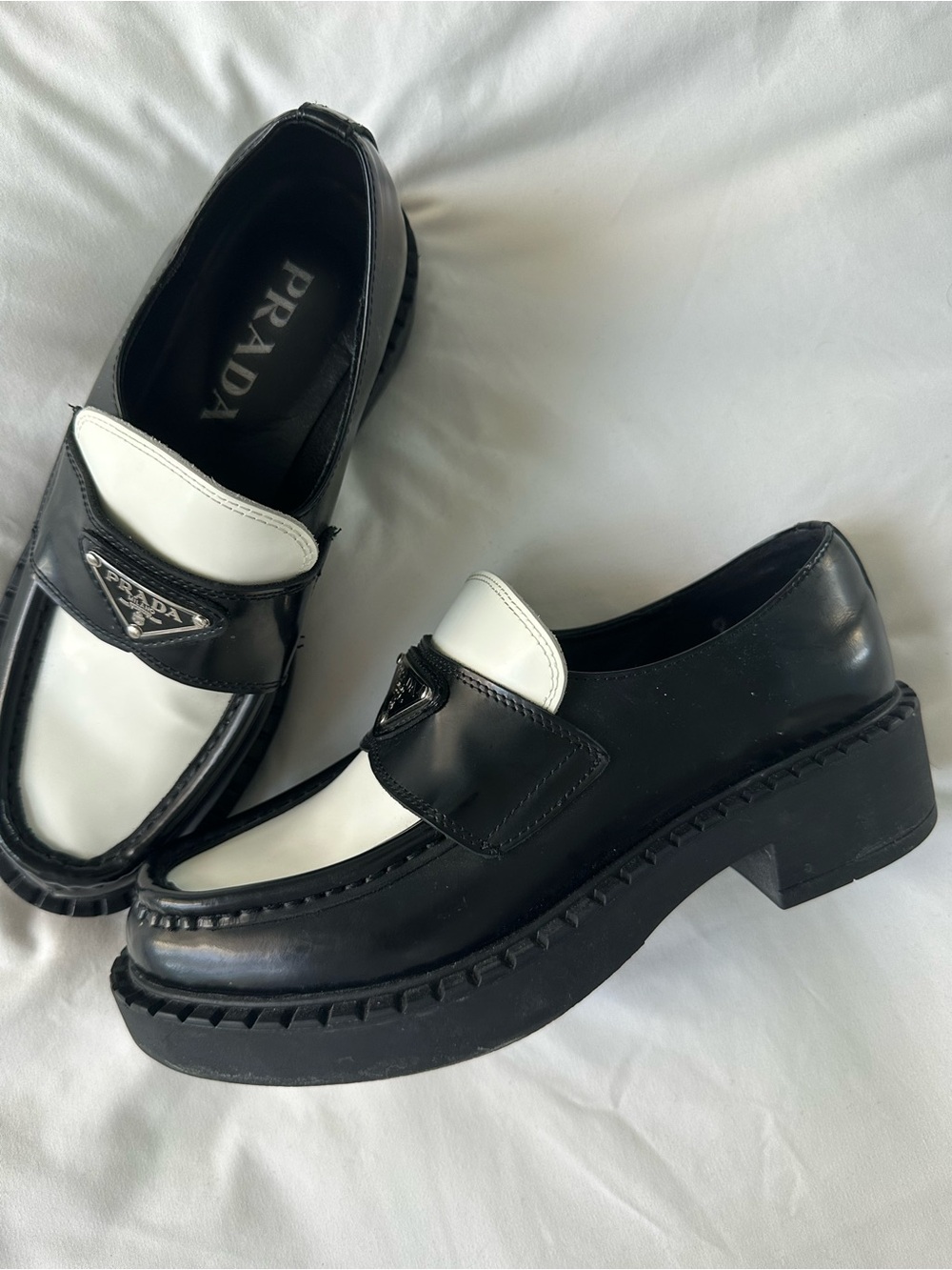 Prada Black & White Leather Platform Loafers